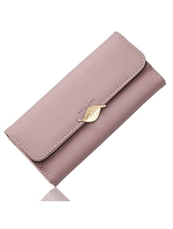 Roulens Wallet for Women RFID Blocking PU Leather Leaf Pendant Card Holder Phone Checkbook Organizer Zipper Coin Purse