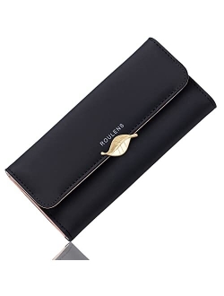 Roulens Wallet for Women RFID Blocking PU Leather Leaf Pendant Card Holder Phone Checkbook Organizer Zipper Coin Purse