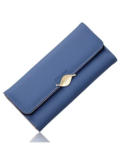 Roulens Wallet for Women RFID Blocking PU Leather Leaf Pendant Card Holder Phone Checkbook Organizer Zipper Coin Purse