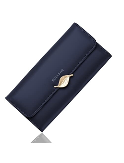 Roulens Wallet for Women RFID Blocking PU Leather Leaf Pendant Card Holder Phone Checkbook Organizer Zipper Coin Purse