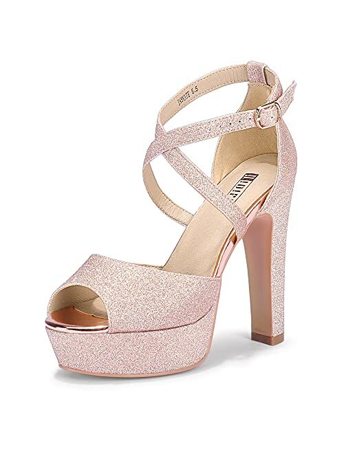 IDIFU Women's Platform Chunky High Heels Dress Sandals Peep Toe Ankle Strap Wedding Party Evening Shoes for Women Bride