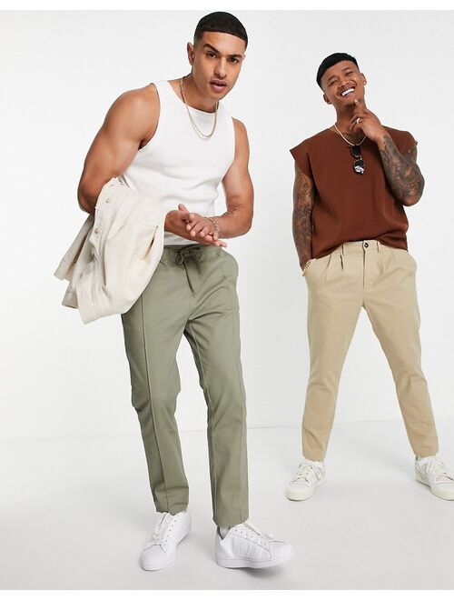 Asos Design skinny chinos with elasticized waist and pin tuck in light khaki