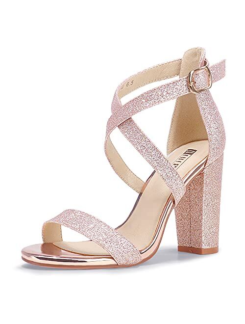 IDIFU Women's Chunky High Heel Sandal Strappy Open Toe Ankle Strap Dress Shoes for Women Bridesmaid Ladies in Wedding Bridal Evening Homecoming Prom