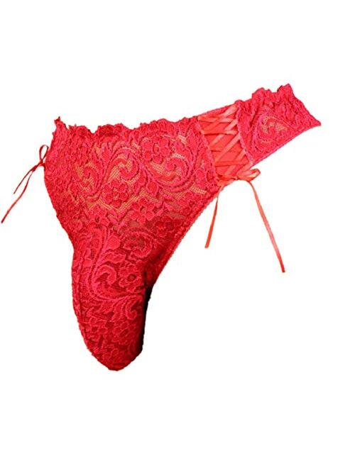 Aishani Sissy Pouch Panties Men's Silky lace Thong Briefs Bikini Underwear for Men L_T