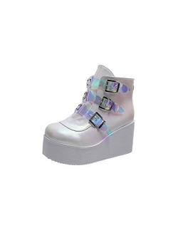 LUCKY STEP Women Platform Chunky Ankle Boots - Round Toe Zipper Wedges High Heels Hologram White Combat Knight Boots