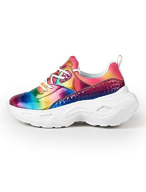 LUCKY STEP Women Holographic Iridescent Metallic Chunky Sneakers - White Shoes Ugly Dad Sneakers