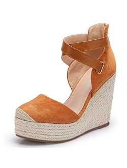 Womens Wedge Espadrille Ankle Strap Closed Cap Toe Platform Heeled Sandals