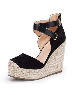 Womens Wedge Espadrille Ankle Strap Closed Cap Toe Platform Heeled Sandals