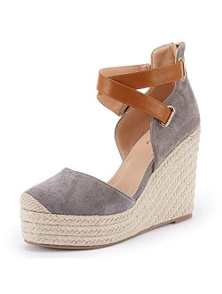 Womens Wedge Espadrille Ankle Strap Closed Cap Toe Platform Heeled Sandals