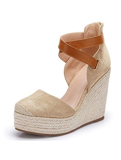 Womens Wedge Espadrille Ankle Strap Closed Cap Toe Platform Heeled Sandals