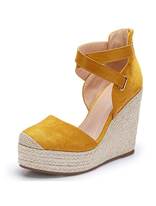 PiePieBuy Womens Wedge Espadrille Ankle Strap Closed Cap Toe Platform Heeled Sandals