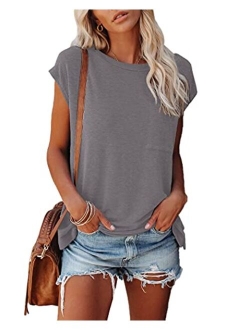 Womens Crew Neck T-Shirt Cap Sleeve Loose Tops Solid Color Summer Shirts