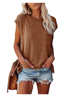 Womens Crew Neck T-Shirt Cap Sleeve Loose Tops Solid Color Summer Shirts