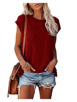 Womens Crew Neck T-Shirt Cap Sleeve Loose Tops Solid Color Summer Shirts