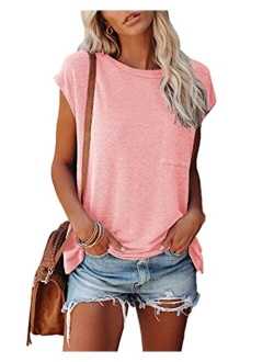 Womens Crew Neck T-Shirt Cap Sleeve Loose Tops Solid Color Summer Shirts