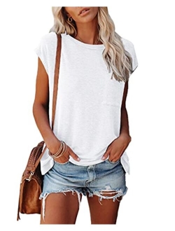 Womens Crew Neck T-Shirt Cap Sleeve Loose Tops Solid Color Summer Shirts