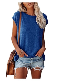 Womens Crew Neck T-Shirt Cap Sleeve Loose Tops Solid Color Summer Shirts
