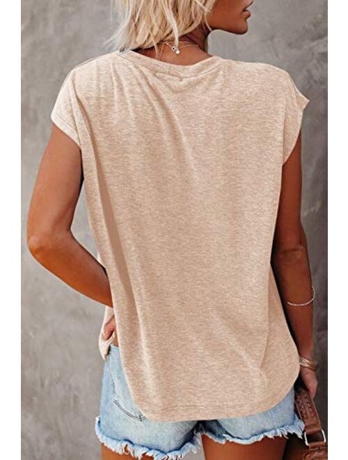 PiePieBuy Womens Crew Neck T-Shirt Cap Sleeve Loose Tops Solid Color Summer Shirts