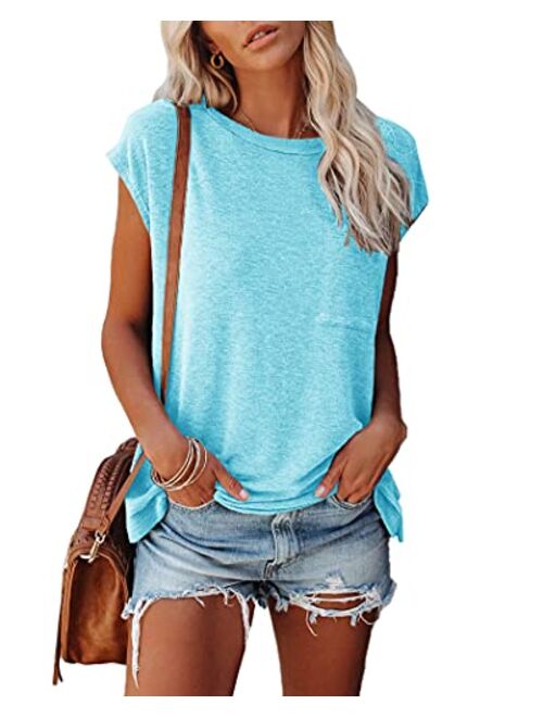 PiePieBuy Womens Crew Neck T-Shirt Cap Sleeve Loose Tops Solid Color Summer Shirts