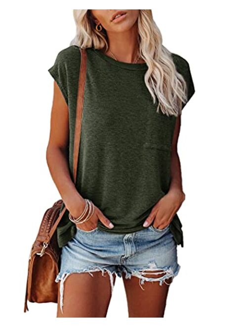 PiePieBuy Womens Crew Neck T-Shirt Cap Sleeve Loose Tops Solid Color Summer Shirts