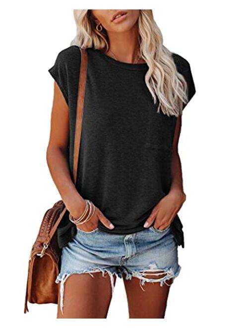 PiePieBuy Womens Crew Neck T-Shirt Cap Sleeve Loose Tops Solid Color Summer Shirts