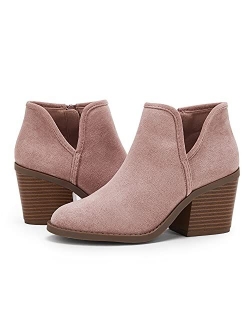 Womens Ankle Boots Chunky Stacked Heel Slip on Shoes Faux Suede Side Zipper Casual Western Booties