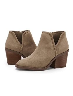 Womens Ankle Boots Chunky Stacked Heel Slip on Shoes Faux Suede Side Zipper Casual Western Booties