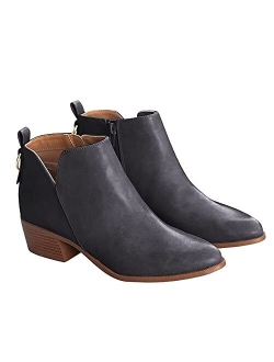 Women's Pointed Toe Ankle Boots Chunky Stacked Low Heel V Cut Side Zip Faux Leather Booties