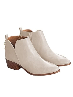 Women's Pointed Toe Ankle Boots Chunky Stacked Low Heel V Cut Side Zip Faux Leather Booties