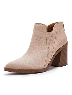 Women's Pointed Toe Ankle Boots Stacked Heel V Cut Back Zipper Chelsea Booties