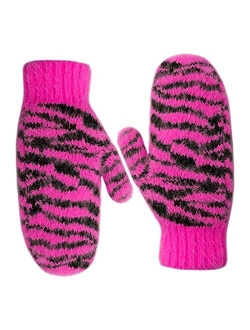 Zenssia Women's Soft and Warm Knitted Plush Fleece Winter Mittens with Unique Zebra-Striped Pattern