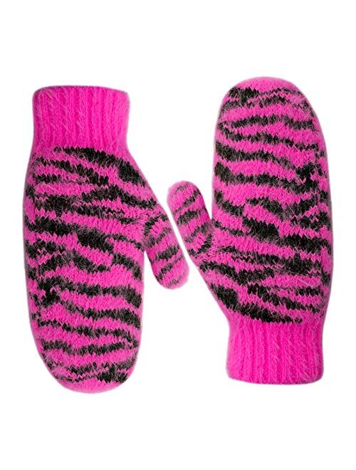 Zenssia Women's Soft and Warm Knitted Plush Fleece Winter Mittens with Unique Zebra-Striped Pattern