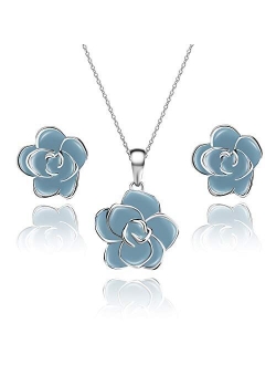 Rose Flower Necklace Earrings Set for Women 18K Gold Plated Hypoallergenic Jewelry Sets