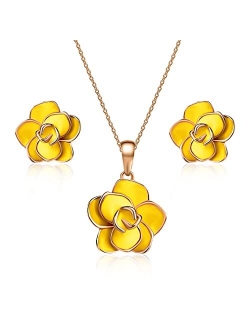 Rose Flower Necklace Earrings Set for Women 18K Gold Plated Hypoallergenic Jewelry Sets