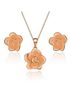 Rose Flower Necklace Earrings Set for Women 18K Gold Plated Hypoallergenic Jewelry Sets