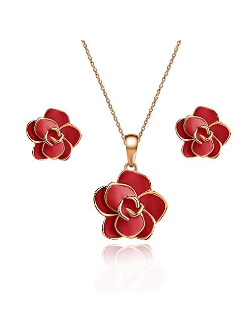 Rose Flower Necklace Earrings Set for Women 18K Gold Plated Hypoallergenic Jewelry Sets