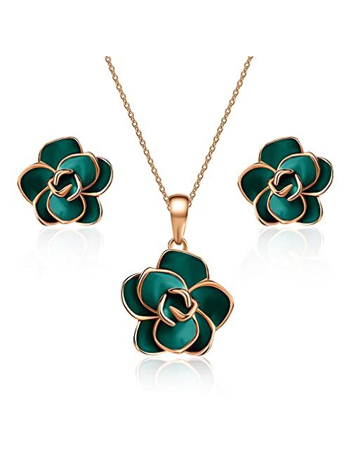 Rose Flower Necklace Earrings Set for Women 18K Gold Plated Hypoallergenic Jewelry Sets