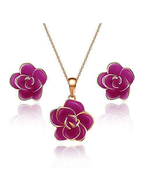 Rose Flower Necklace Earrings Set for Women 18K Gold Plated Hypoallergenic Jewelry Sets