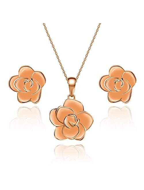 Rose Flower Necklace Earrings Set for Women 18K Gold Plated Hypoallergenic Jewelry Sets