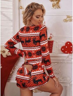 Christmas Elk And Geo Print Lounge Romper