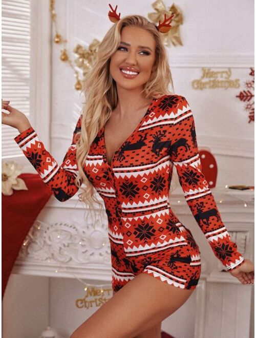 Shein Christmas Elk And Geo Print Lounge Romper