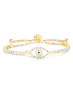 Macy's Cubic Zirconia Evil Eye Adjustable Bolo Bracelet In Silver Plate or Gold Plate