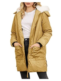 Womens Winter Warm Zip Up Quilted Long Down Jackets Hooded Coat with Pockets