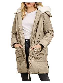 Womens Winter Warm Zip Up Quilted Long Down Jackets Hooded Coat with Pockets