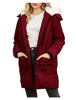 Womens Winter Warm Zip Up Quilted Long Down Jackets Hooded Coat with Pockets