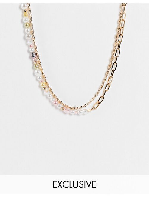 Reclaimed vintage inspired multirow necklace with mixed chain and pastel faux pearls in gold