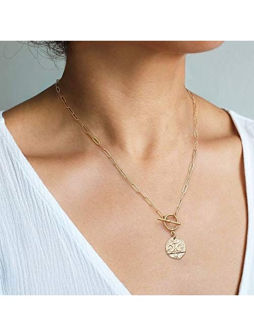 18K Gold Moon Star Lion Evil Eye Pendant Necklace Medallion Paperclip Chian Choker Layering Jewery for Women Girls