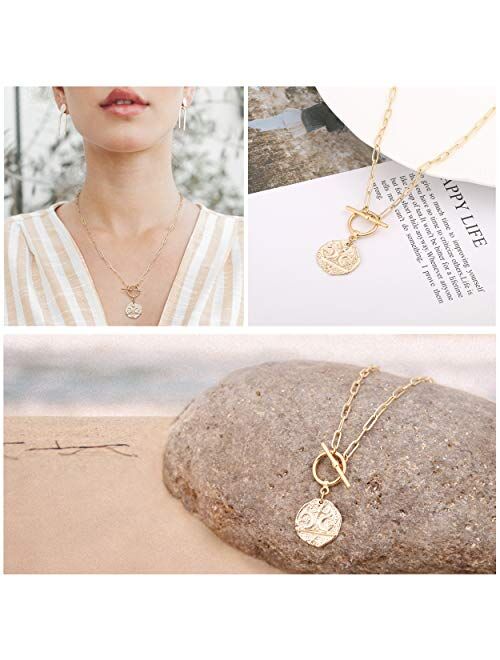 18K Gold Moon Star Lion Evil Eye Pendant Necklace Medallion Paperclip Chian Choker Layering Jewery for Women Girls