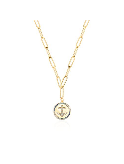 18K Gold Moon Star Lion Evil Eye Pendant Necklace Medallion Paperclip Chian Choker Layering Jewery for Women Girls