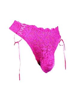 Sissy Pouch Panties Waist Size 36"-38" Silky lace Thong Girlie Bikini Briefs Sexy for Men (Pink,L)